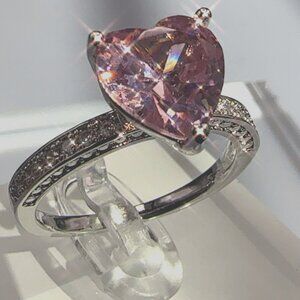 Pink Cubic Zirconia Heart Cut Ring Silver Tone Size 9